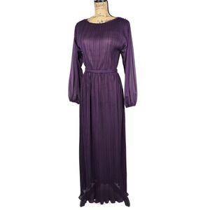 Vintage Hal Ferman Purple Accordion Pleated Maxi Dress Lace Trim Long Sleeve 12
